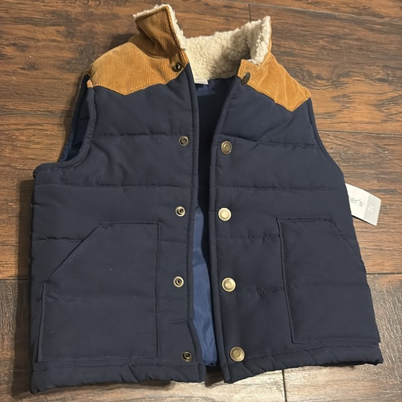 NEW!Carters Navy Snap Up Boys Vest W/ Contrasting Sherpa Collar and Tan Corduroy - Picture 3 of 7
